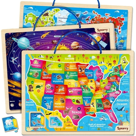 SYNARRY Large USA World Solar System Wooden Magnetic Puzzles for Kids Ages 3-8, Wood Puzzles Educational Games Toys Gifts for Toddlers, United States World Planet Space Map for Boys Girls