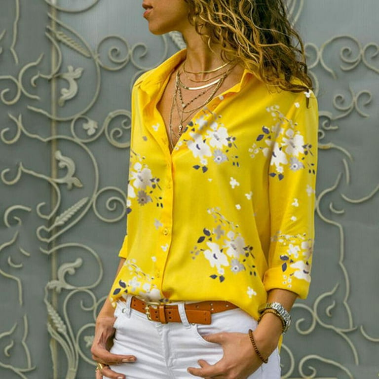 Women Lapel Long Sleeve Blouse Girls Style Shirt Loose Floral Pattern Tops  