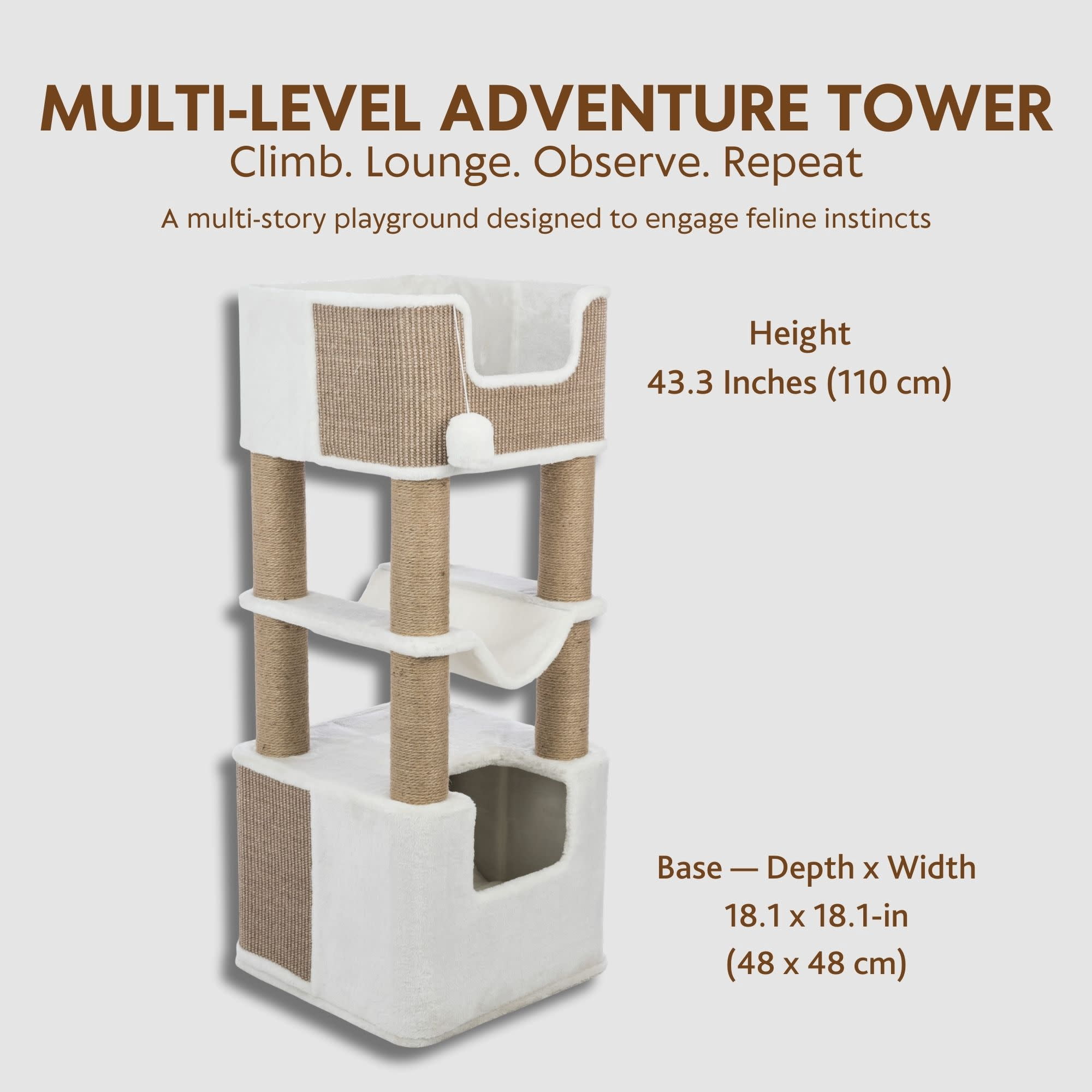 TRIXIE Lucano Xxl 43.3" Multi-Level Cat Tree with Sisal Scratching Posts, Condo & Hanging Cat Toy, Taupe