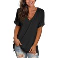 thumbnail image 2 of Women's V Neck T Shirts Casual Rolled Short Sleeve Side Split Summer Tops Loose Fit, 2 of 10