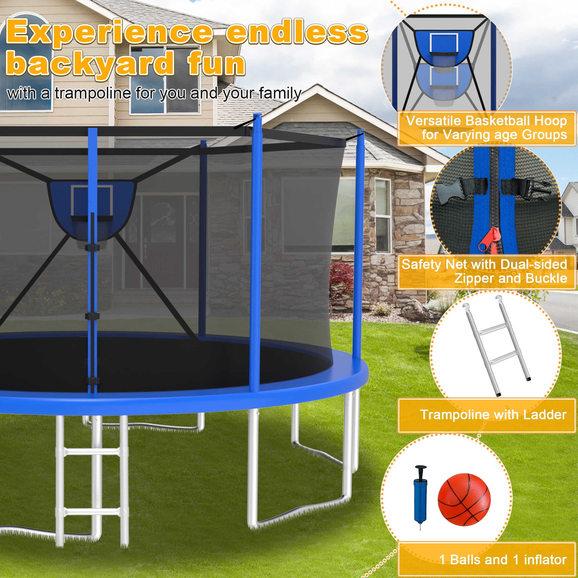 XMIKA Trampolines with Enclosure Net 1500LBS 16FT Heavy Duty Trampoline for Kid Adult Outdoor Anti-Rust Trampolines with Basketball Hoop, Light, Sprinkler, Ladder, Backyard Recreational Trampoline