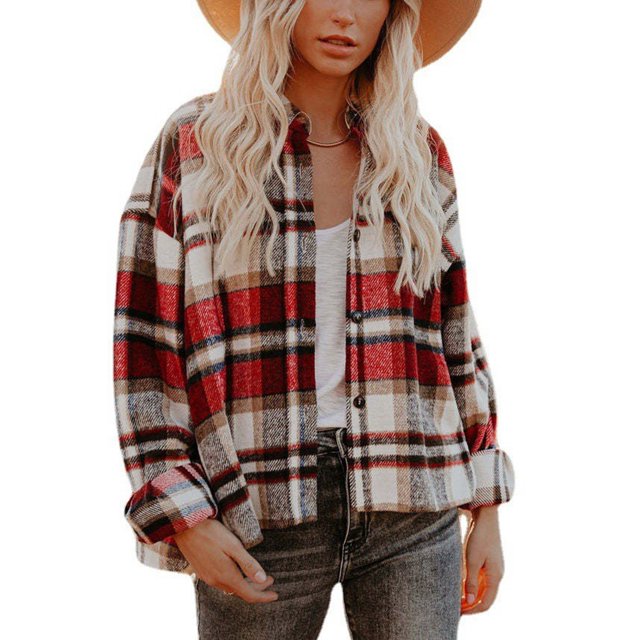 Camisas a cuadros de manga larga, cómoda, transpirable, informal, suelta, camisa con botones para mujer, para otoño e invierno, uso diario, rojo S
