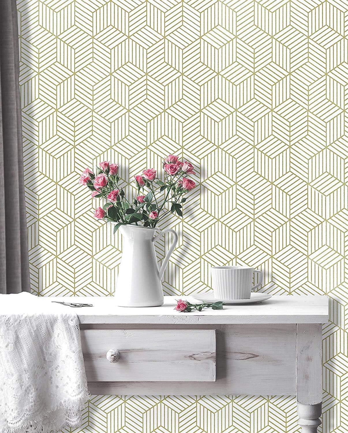 Decorative Geometric Stripes Wallpaper, Self-adhesive Removable Peel and Stick Gold White Film, Water Resistant, Easy Clean and Wide Applications for Various Surfaces