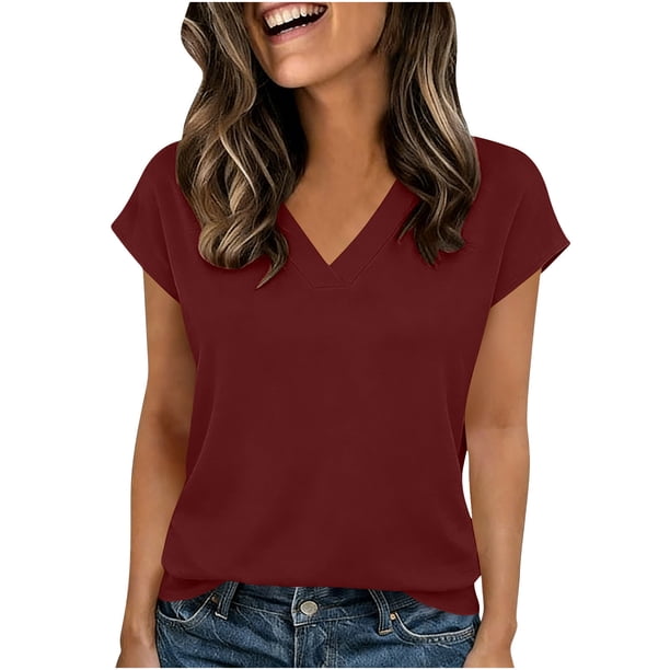 Camiseta de Manga Corta de Cuello en V de Color Sólido Casual para el Uso Diario de Primavera Verano