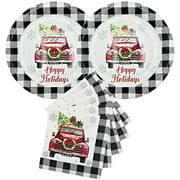 Christmas Disposable Dinnerware Paper Plates and Napkins Set for Your Holiday Party - Buffalo Plaid Farmhouse Red Truck - (Serves 20)