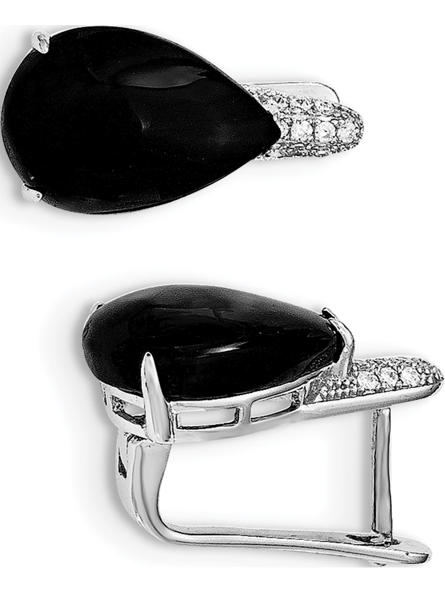 925 Sterling Silver Rhodium-plated CZ & Onyx Hinged Hoop Earrings