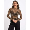 thumbnail image 3 of Women'S Mesh See Through T Shirt Fashion Money Print Long Sleeve Crop Top Slim Tee Tops Yellow Leopard Pattern M, 3 of 6