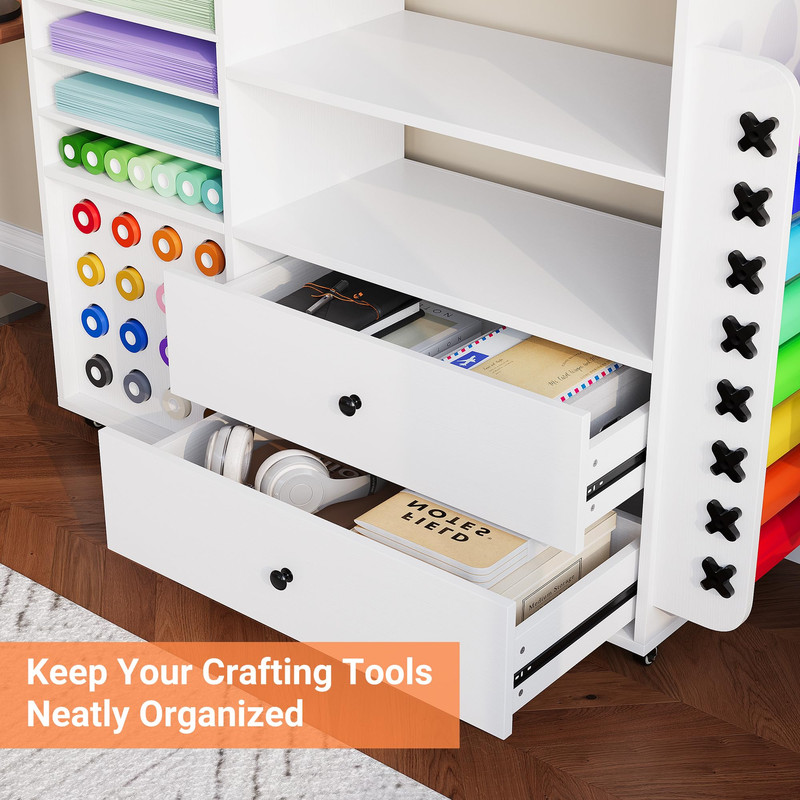 Craft Organization and Storage Cart Compatible with Cricut Machines, Rolling Craft Table Organizer with 2 Drawers & 24 Vinyl Roll Holder for Craft Room Home