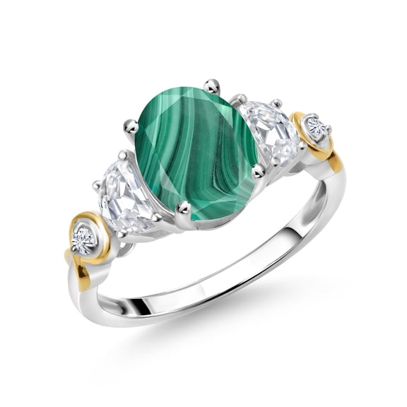 Gem Stone King 925 Silver and 10K Yellow Gold 3-Stone Ring Oval Green Malachite and Moissanite (3.00 Cttw, Size 6)