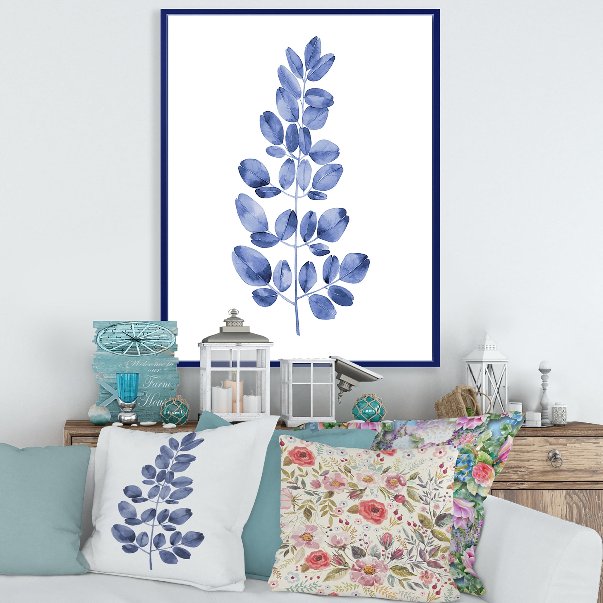 Designart 'Navy Blue Eucalyptus On White' Traditional Framed Canvas Wall Art Print