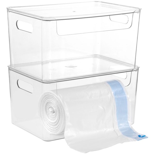 Organizadores de bolsas de basura debajo del fregadero, 2 soportes para bolsas de basura en rollo, dispensador de bolsas de basura en rollo extra grande con tapa, soporte para rollo de bolsa de basura