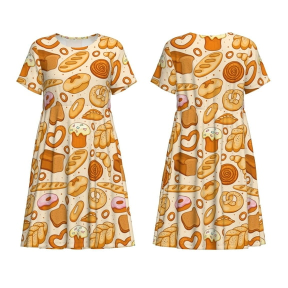 Horeoi Various Bread Print Women's Short Sleeve Dress Breathable Polyester-Spandex All-Over Print A-Line Side Pockets Elastic Waist