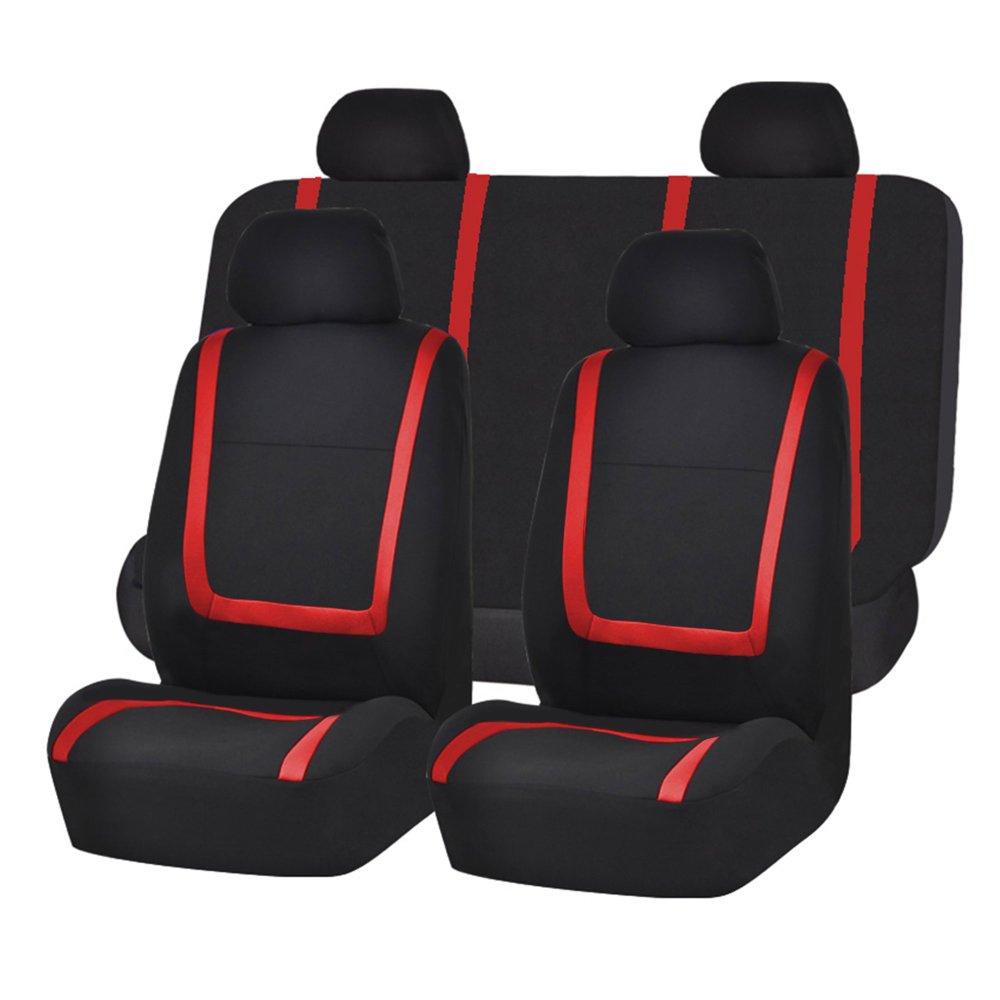 FH Group Unique Flat Cloth Universal Seat Covers, Full Set, Red and