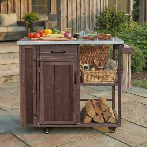 Harper & Bright Designs Outdoor Kitchen Island with Wheels, Patio Kitchen Cart with Stainless Steel Top, Portable Prep Station with Storage Drawer and Towel and Spice Racks for Garden, Dark Brown
