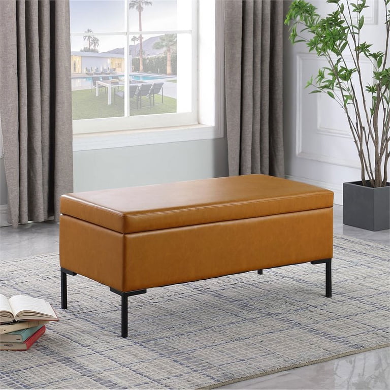 Homepop Large Upholstered Storage Bench Ottoman - Light Brown Faux Leather, 58x28x18 Inch, For Living Room & Bedroom