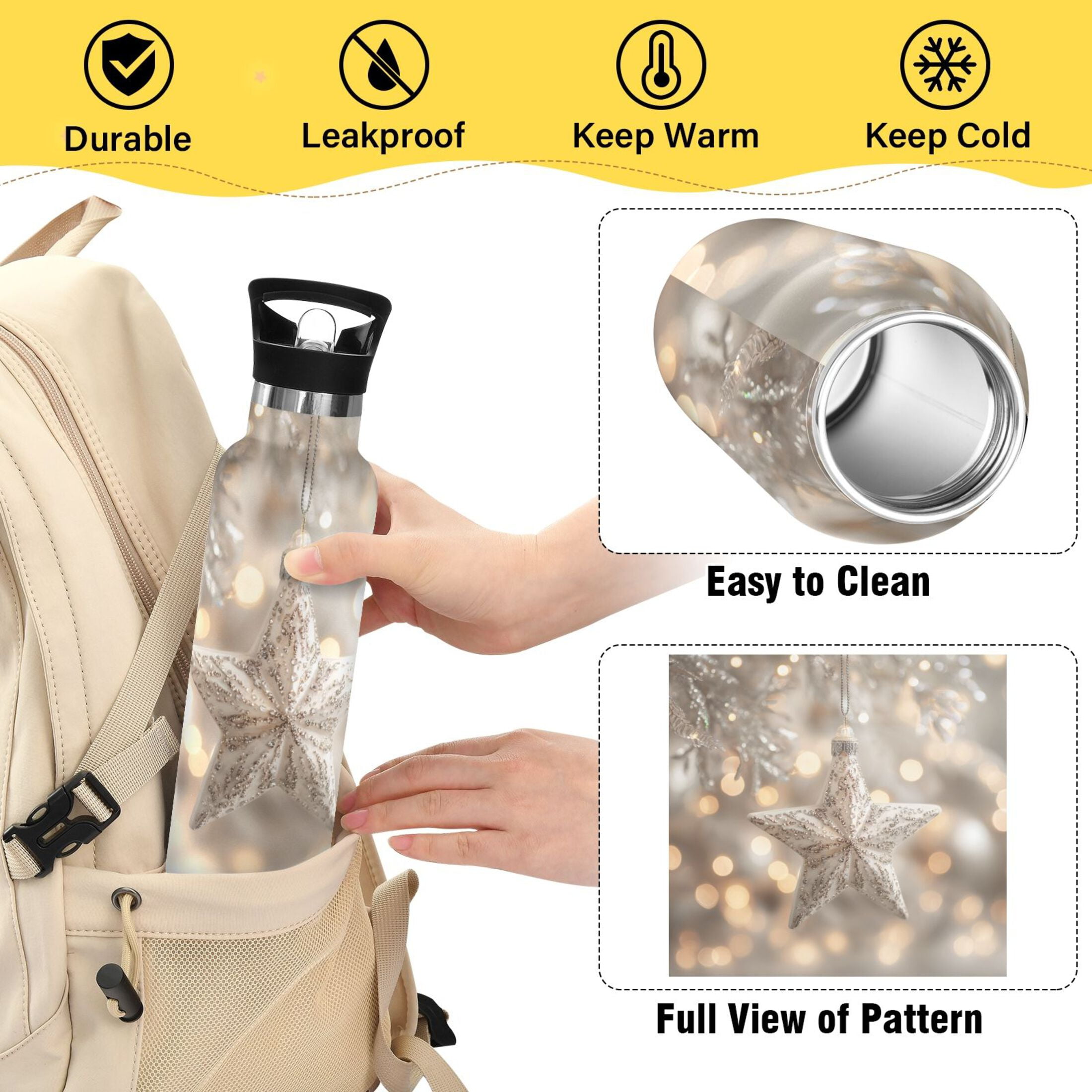 600ML Stainless Steel Insulated Cup Sports Water Bottle Portable Thermos Cup Water Glasses Insulated Tumblers Convenient and Durable Beautiful Christmas Star