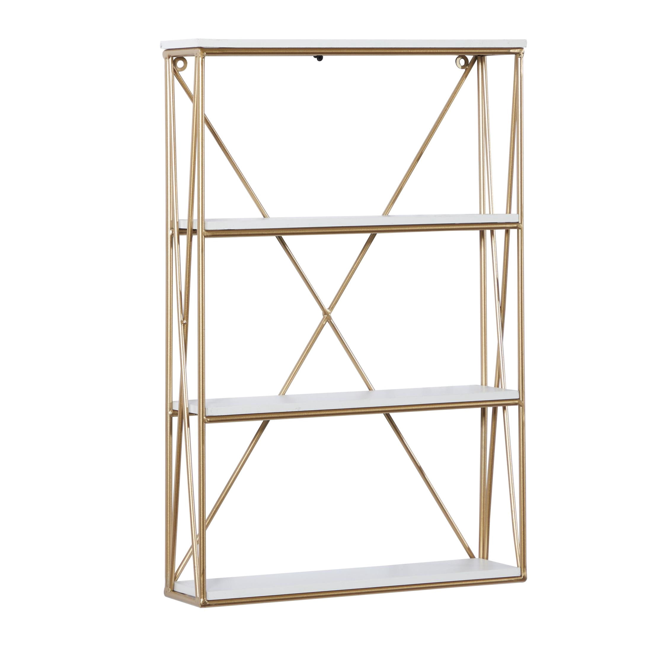 DecMode 16" x 4" 4-Tier Gold Wall Shelf with White Wooden Shelves