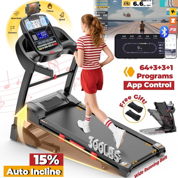 10MPH Treadmill 300lbs Capacity,Treadmill for Home with Auto Incline, 4.5HP Folding Treadmill, Wide Shock Absorption Belt, 64 3 3 1 Programs