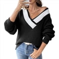 thumbnail image 2 of Suéter de Punto Ligero de Larga para Mujer, con Cuello en V y Costuras en Contraste. Negro L, 2 of 9