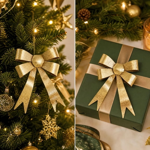 Christmas Bow Ornament, Iron Bow Hanging Decoration, Metallic Finish with Hanging Loop for Christmas Trees Wreaths and Garlands, Gold