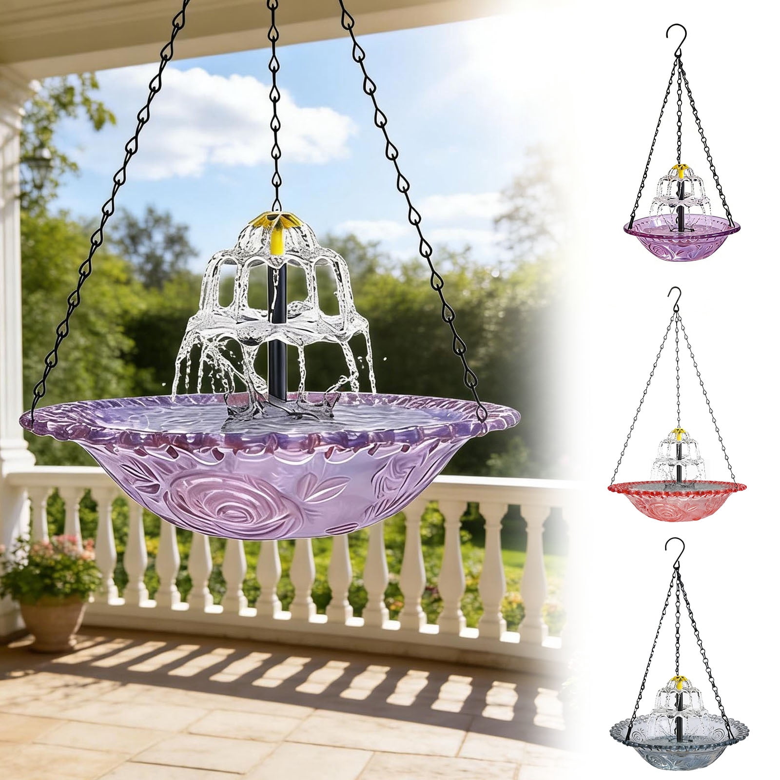 ValueAgain Solar Cascade Hanging Bird Bath Fountain, Outdoor Hanging Bird Bath with Solar Fountain, Large Humming Bird Baths are Suitable, with Solars Pump & Bowl,for Outdoor, Gardens, Red