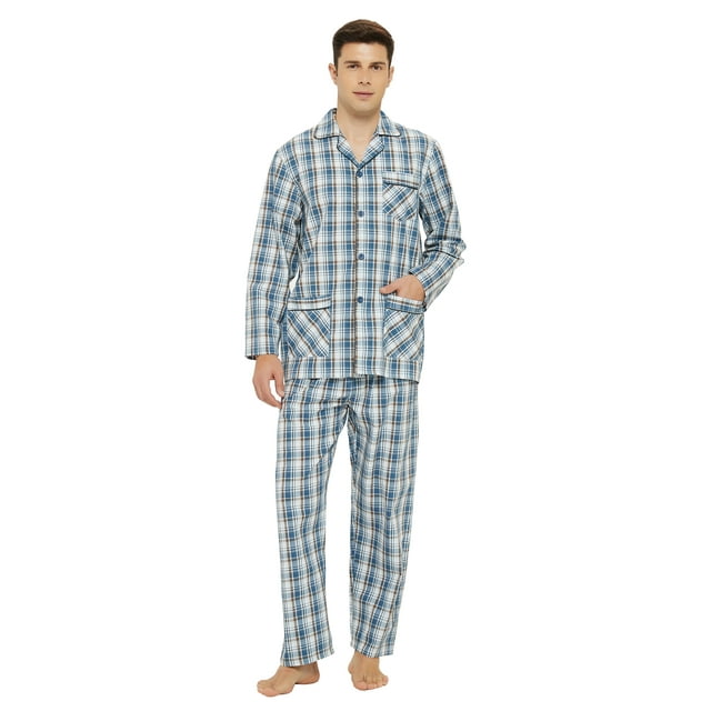 GLOBAL Conjunto de Pijama de Tejido Liso de Manga Larga para Hombre, Ropa de Dormir de Algodón, Ropa de Dormir Cómoda, Cuadros Grises Elegantes L