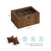 2-Tier Watch Box, 8-Slot Display Case, Rustic Walnut, Glass Lid, Removable Pillows, Velvet Lining, Jewelry Storage