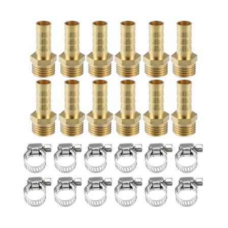 Unique Bargains 12 Set 8mm 1/4" BSP Male Thread Brass Hose Connector Adapter with Clamp for Air Hose Gas Hose Water Hose