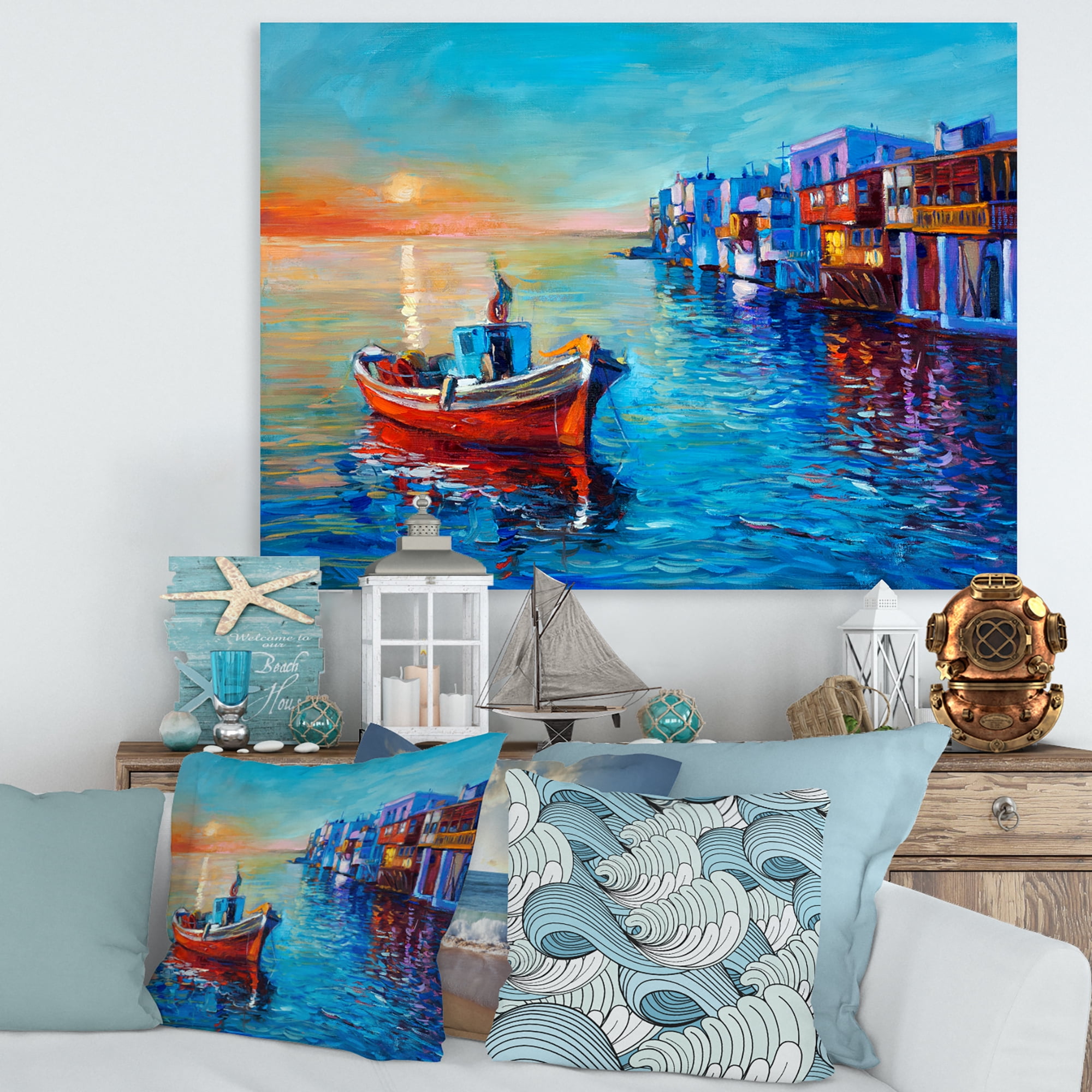 Designart ' Boats Near Coastal Town Resting On The Water I ' Nautical & Coastal Canvas Wall Art Print