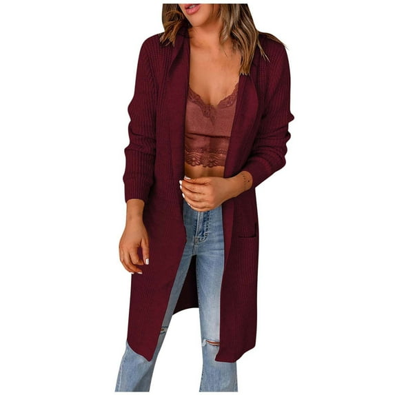 Verugu Sweaters for Women, Plus Size Winter Warm Cardigan Sweaters, Women Cardigan Sweaters Coats Cardigan Pocket Medium And Long Term Outwear Long Sleeve Coat Wine S
