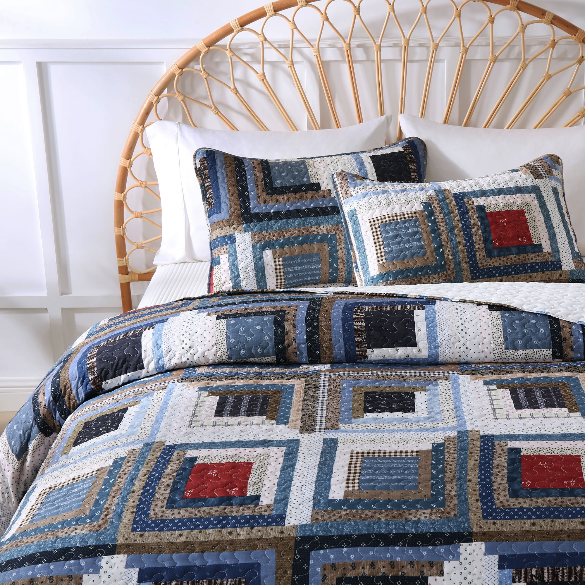 Queen Size Quilt Set, Greagle 3-Piece Soft Warm Lightweight Queen Size Summer Quilt Bedspread Machine Washable Bedding Set with 2-Piece Pillow Shams, 90x90 inch Plaid Print