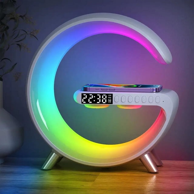Lámpara de mesita de noche de carga inalámbrica con control de aplicación, luz nocturna LED, lámpara de atmósfera inteligente, altavoz Bluetooth, cargador inalámbrico, lámpara de noche, lámp