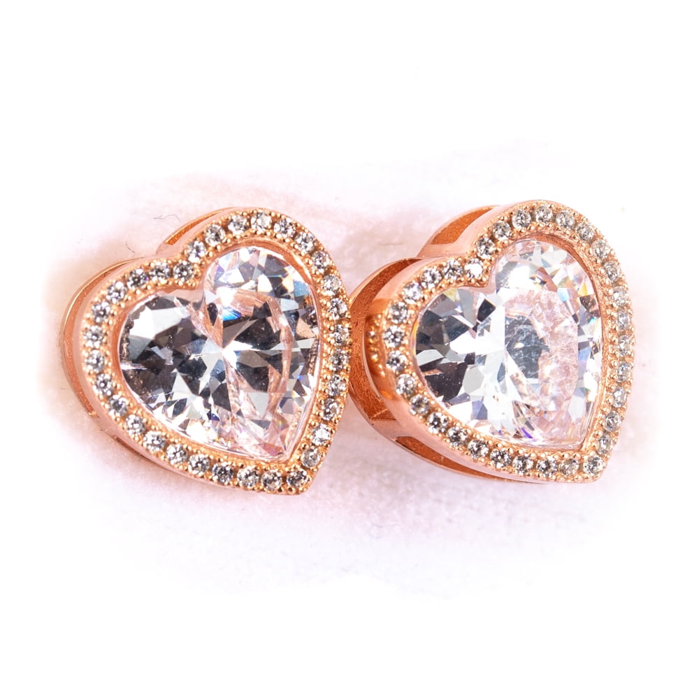 Women's Rose Gold 925 Sterling Silver Heart Shaped Screw Back Cz Stud Earrings