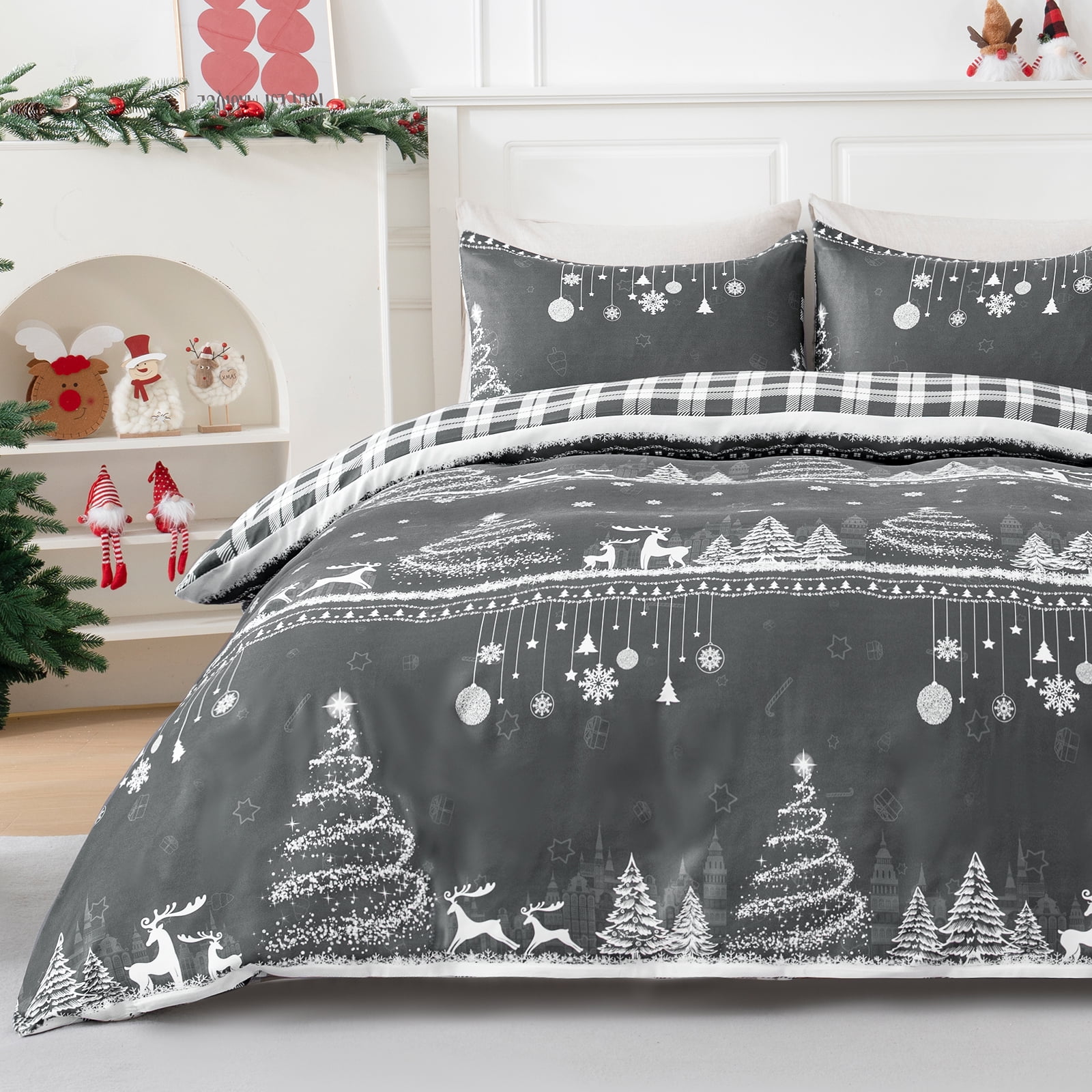 BLEUM CADE Christmas Queen Comforter Set Suit Christmas Tree & Deer Plaid Duvet Cover Set 3 - Piece Bed for Bedroom Set