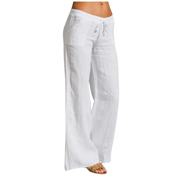 Lumtrix Linen Pants Women Drawstring Wide Leg Trousers Straight Casual Pleated Pants Cotton Summer Lounge Pant With Pockets White S