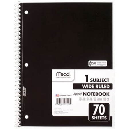 Mead Spiral Notebook 1 Subject Wide Ruled 70 Sheets 10 12 x 7 12 Black - Wide