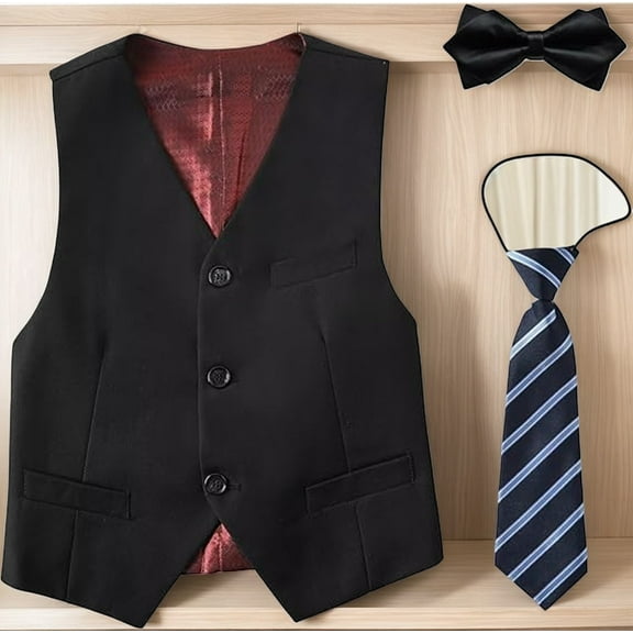 Lycody Boy's Suit Vest with Bowtie and Tie Kids Suits for Teen Adjustable Back Strap Vest Set Tie and Bowtie for Wedding Graduate Prom Party
