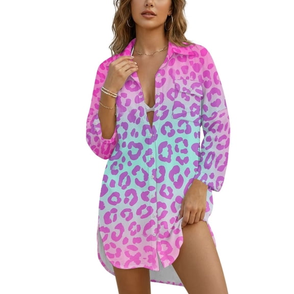 Renewold Bathing Suit Cover Up for Women Long Sleeve Button Down Shirts for Women Lightweight Comfy Beach Cover Up Shirt Casual Resort Wear Beach Tunic Top, Pink Blue Leopard Print, S