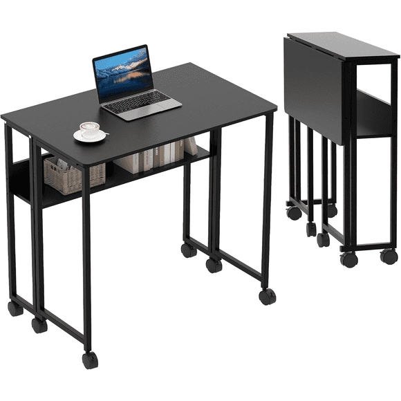 YUSAZENS Space-Saving Collapsible Laptop Desk with Storage Shelf, Portable Rolling Computer Table for Home Office, Compact & Sturdy