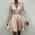 thumbnail image 1 of Women Plain Puff Sleeve Ruffled Button Long Sleeve Dress, 1 of 7