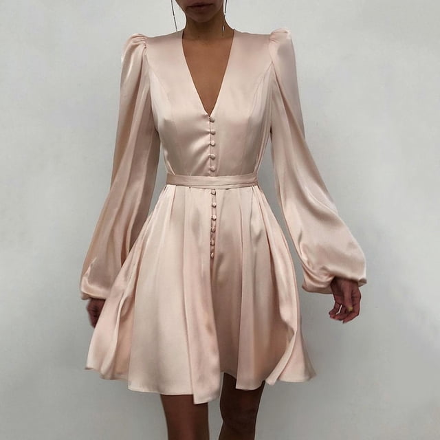 Women Plain Puff Sleeve Ruffled Button Long Sleeve Dress
