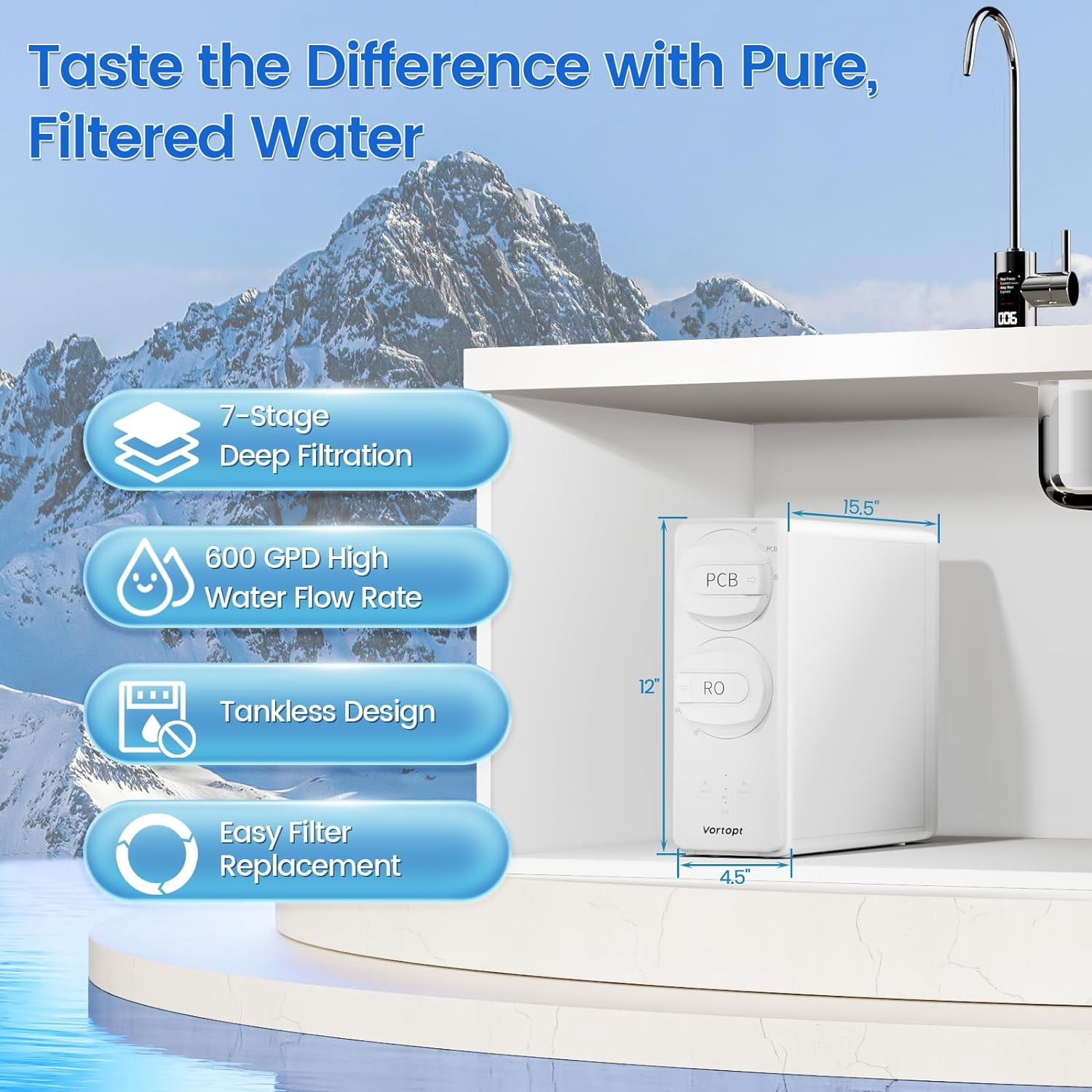 Vortopt DR3 Reverse Osmosis System, 600 GPD Tankless RO Under Sink Water Filter System with Smart Display Faucet, 3:1 Pure to Drain, Reduces TDS, High Flow, Easy Installation