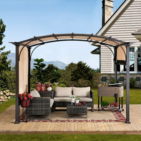 Sunjoy Corona 10 ft. x 8 ft. Brown Steel Arched Pergola with 2-Tone Adjustable Shade