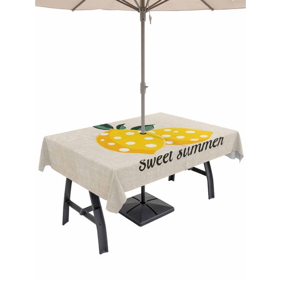 Outdoor Tablecloths with Umbrella Hole & Zipper, Yellow Lemons Rectangle Tablecloth 60x120 Inch, Summer Botanical Farmhouse Rustic Waterproof Table Cloth, Patio/Pool/Picnic Table Covers