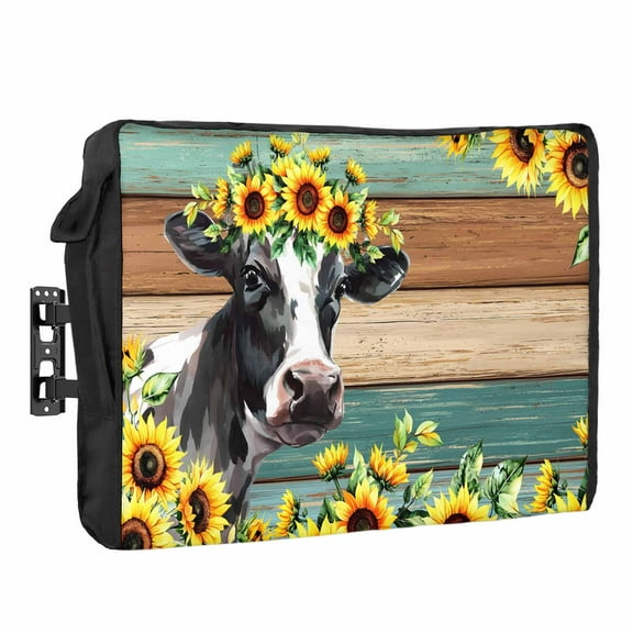 Outdoor TV Cover 52 to 55 Inches, Sunflower Cow Plant Farm Flower Wood Grain Waterproof and Weatherproof TV Cover with Remote Control Pocket, Flat Screen TV Cover Protector for Outside TV