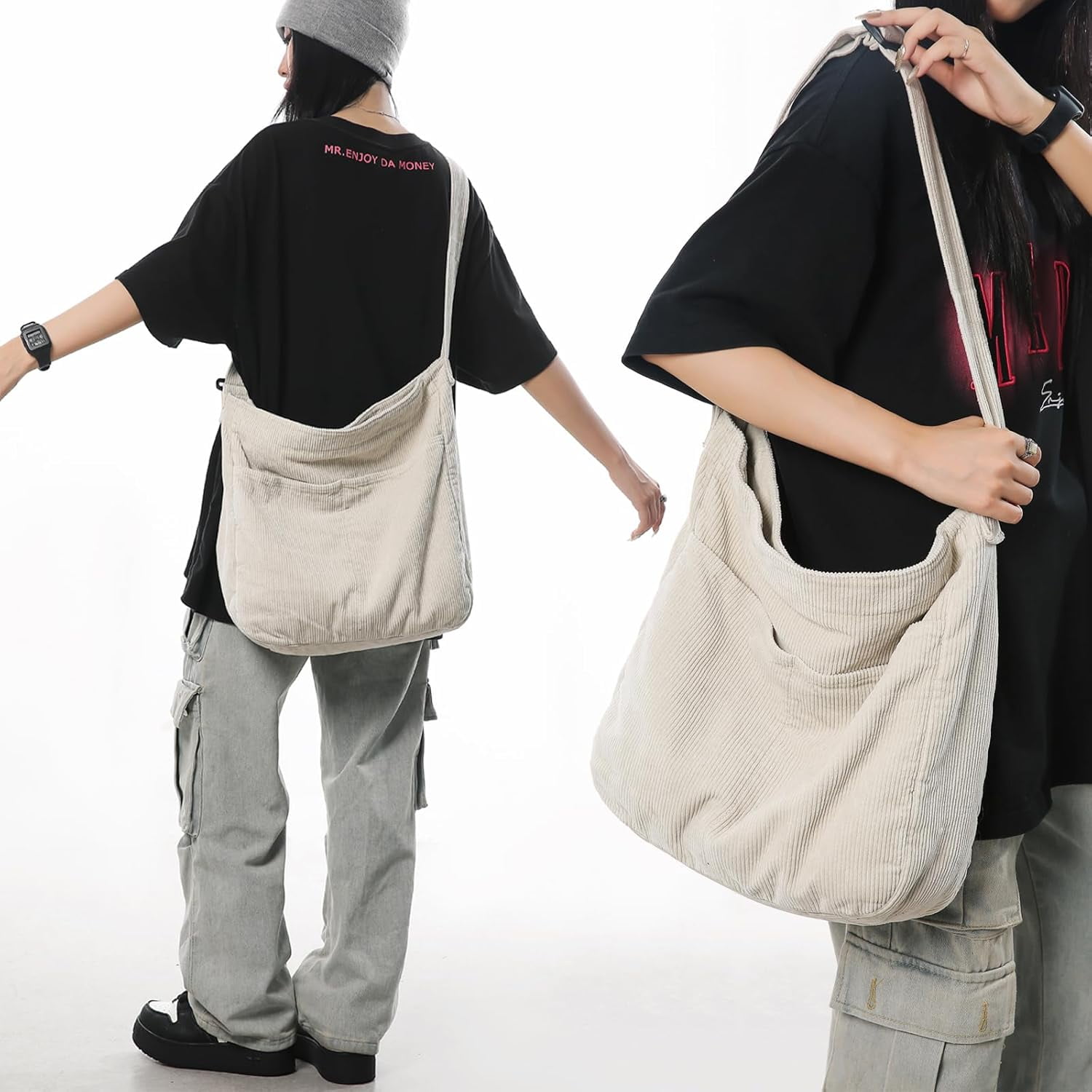 Lohol Canvas Tote Bag, Casual Hobo Crossbody Shoulder Bag for Women and Men, Large Purse for Travel and Work-White