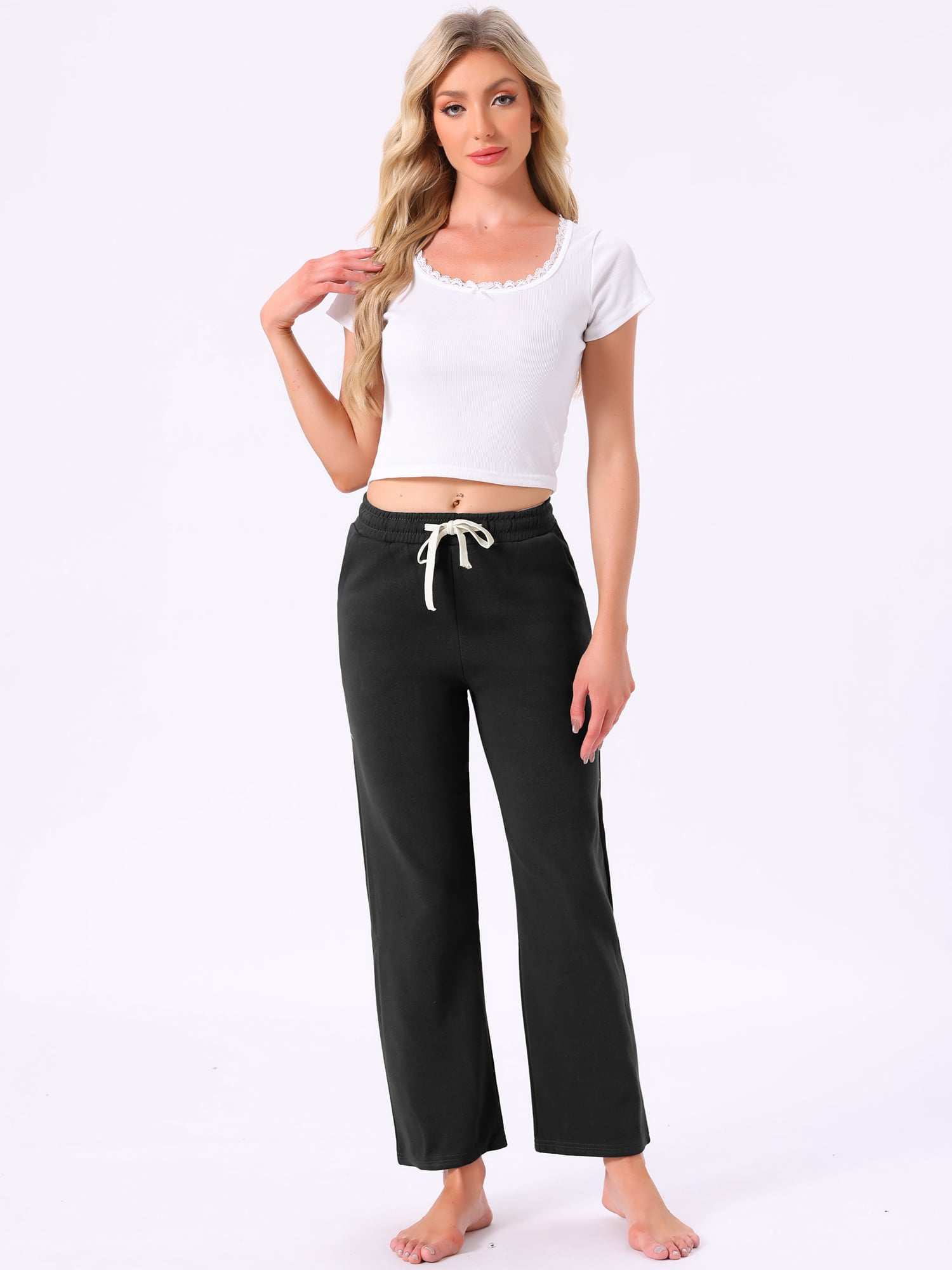 DARING DIVA Women's Cotton Straight Elastic Waist Drawstring Lounge Pants S Black