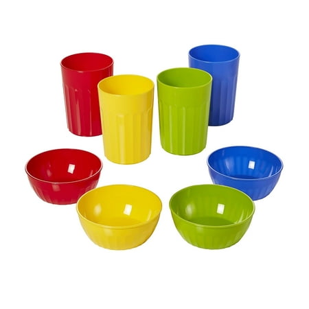 Sonoma Dishwasher Safe Bowls (Arrow Reusable Plastic Bowl & Tumblers Combo Set - BPA Free, Dishwasher Safe, & Stackable - Great for Children, Toddlers, Kids for Everyday Meal Time, (4) 10oz Cups & (4))