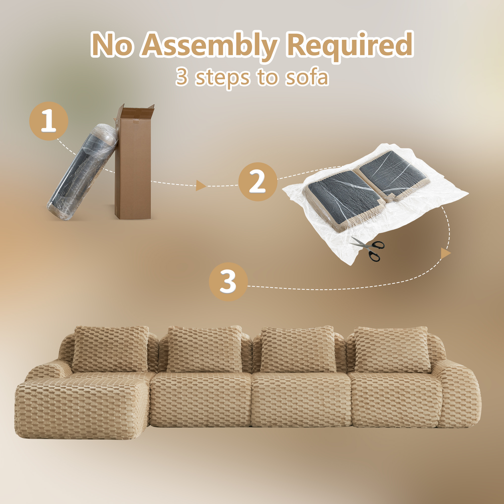 Aukfa 146" Oversized Cloud Sectional Sofa 4 Seat L Shape Modular Boneless Couch for Living Room, 4 Pillows, Flannel, Camel
