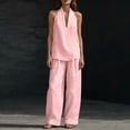 thumbnail image 5 of Textilo Womens Cotton Linen 2 Piece Sets Sleeveless V Neck Halter Top Matching Baggy Wide Leg Pants Set Solid Color Sets Trendy 2026 Breathable Summer Travel Casual Outfits Tracksuit,Pink 2XL, 5 of 5